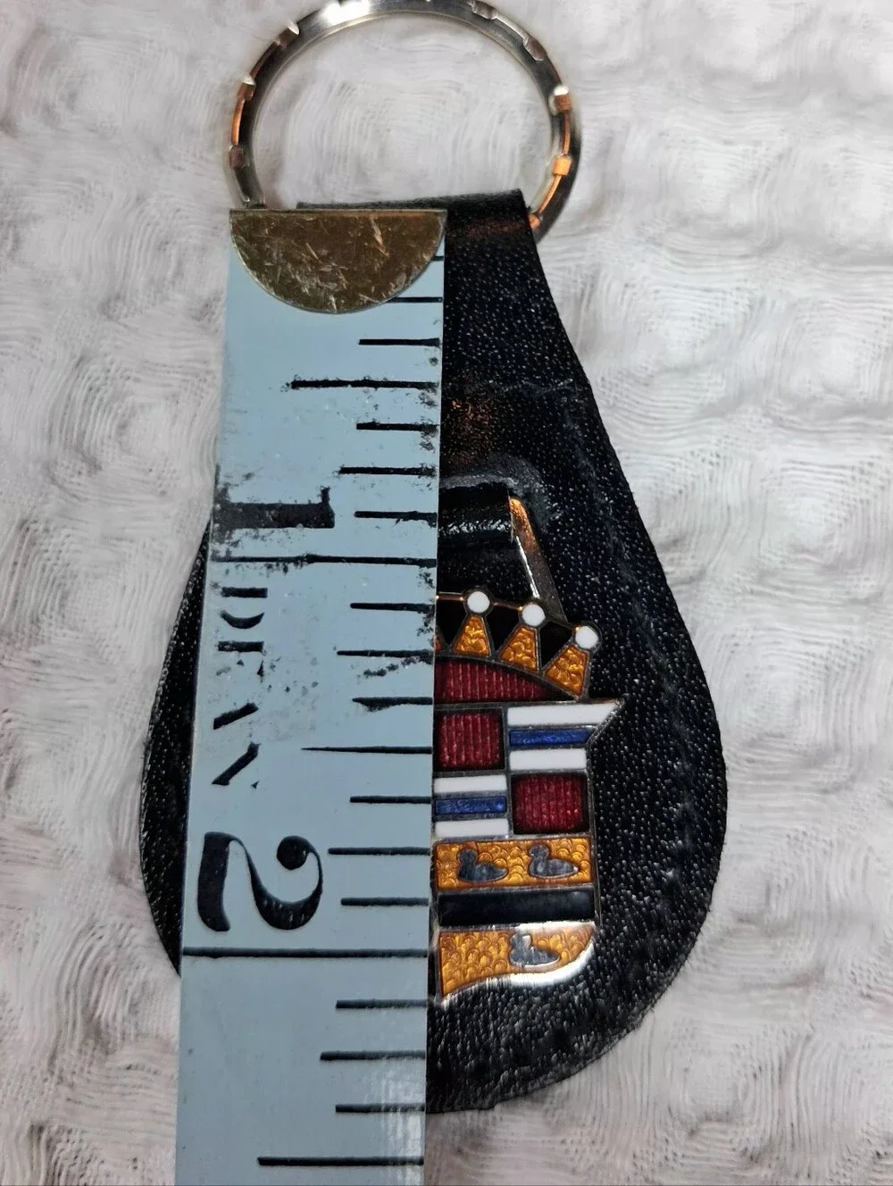 Vintage '70's Cadillac Black Leather Keychain w/Cloisonne Enamel Crest